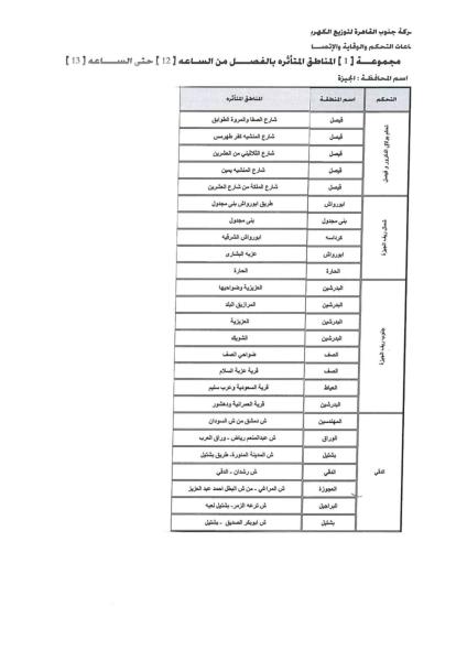 مواعيد تخفيف الأحمال بمحافظة الجيزة